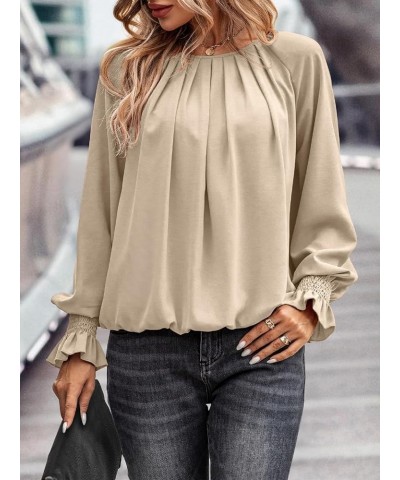 Womens Pleated Tunic Tops: Crew Neck Long Sleeve Solid Color Casual Trendy Work Business Blouses Tops Beige $16.79 Blouses