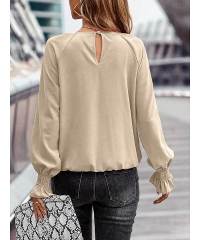 Womens Pleated Tunic Tops: Crew Neck Long Sleeve Solid Color Casual Trendy Work Business Blouses Tops Beige $16.79 Blouses