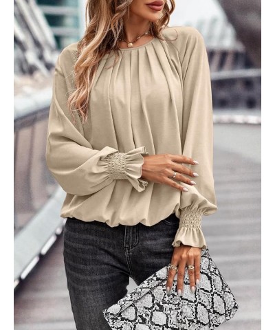 Womens Pleated Tunic Tops: Crew Neck Long Sleeve Solid Color Casual Trendy Work Business Blouses Tops Beige $16.79 Blouses