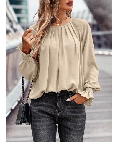 Womens Pleated Tunic Tops: Crew Neck Long Sleeve Solid Color Casual Trendy Work Business Blouses Tops Beige $16.79 Blouses