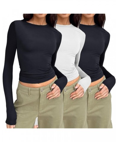 3 Pieces Women Solid Basic Crop Tops Shirts Going Out Spring Fashion Layer Slim Fit Y2k Long Sleeve Crew Neck Top $3pc-black ...