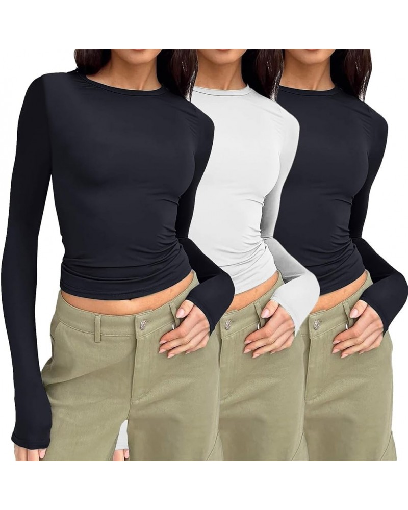 3 Pieces Women Solid Basic Crop Tops Shirts Going Out Spring Fashion Layer Slim Fit Y2k Long Sleeve Crew Neck Top $3pc-black ...