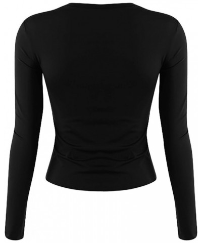 3 Pieces Women Solid Basic Crop Tops Shirts Going Out Spring Fashion Layer Slim Fit Y2k Long Sleeve Crew Neck Top $3pc-black ...