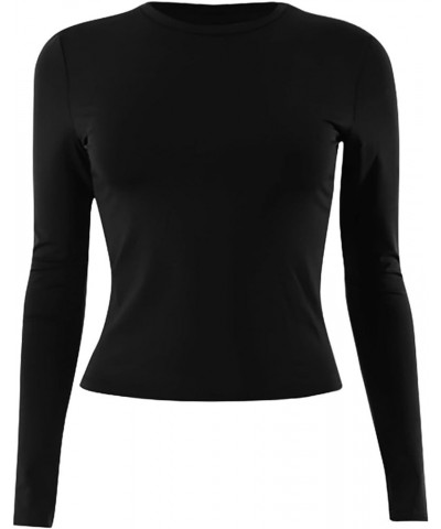 3 Pieces Women Solid Basic Crop Tops Shirts Going Out Spring Fashion Layer Slim Fit Y2k Long Sleeve Crew Neck Top $3pc-black ...