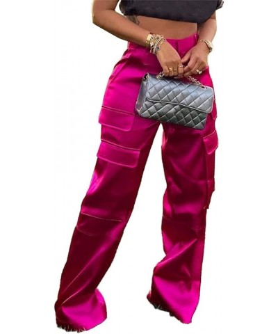 Womens Satin Cargo Pants Y2K High Waisted Straight Wide Leg Trousers with Pockets Streetwear 1 Rose $18.33 Pants