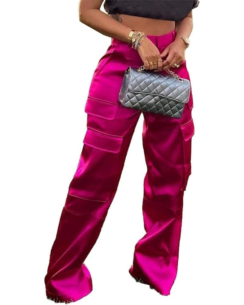 Womens Satin Cargo Pants Y2K High Waisted Straight Wide Leg Trousers with Pockets Streetwear 1 Rose $18.33 Pants