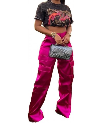 Womens Satin Cargo Pants Y2K High Waisted Straight Wide Leg Trousers with Pockets Streetwear 1 Rose $18.33 Pants