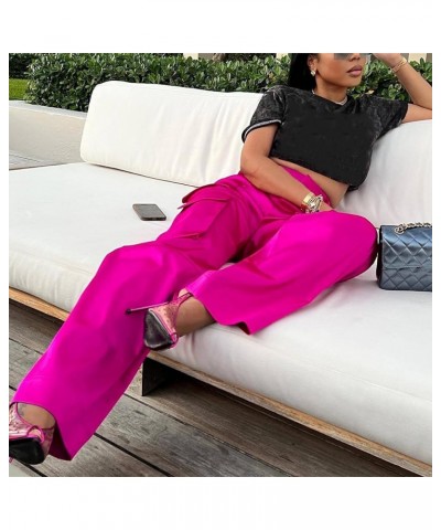 Womens Satin Cargo Pants Y2K High Waisted Straight Wide Leg Trousers with Pockets Streetwear 1 Rose $18.33 Pants