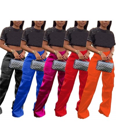 Womens Satin Cargo Pants Y2K High Waisted Straight Wide Leg Trousers with Pockets Streetwear 1 Rose $18.33 Pants