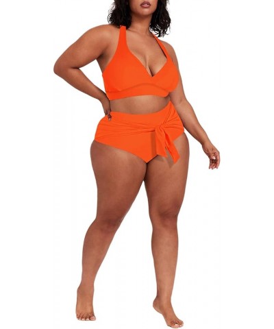 Women's 2 Piece High Waisted Swimsuit Plus Size Tie Twist Front Bikini Set Bathing Suit Swimwear Orange $12.90 Swimsuits