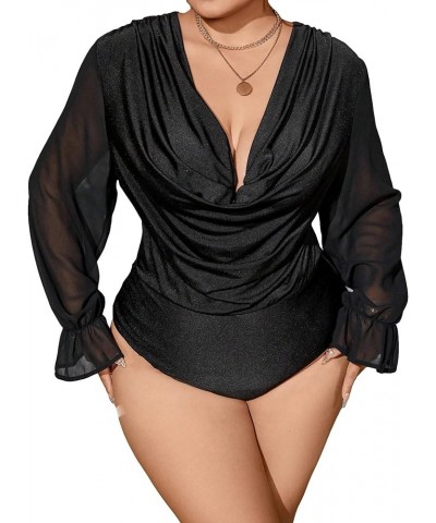 Women's Contrast Mesh Ruffle Trim Plus Size Deep V Neck Puff Long Sleeve Casual Bodysuits Black $19.37 Bodysuits