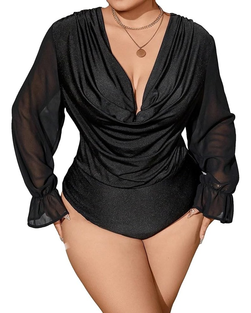 Women's Contrast Mesh Ruffle Trim Plus Size Deep V Neck Puff Long Sleeve Casual Bodysuits Black $19.37 Bodysuits