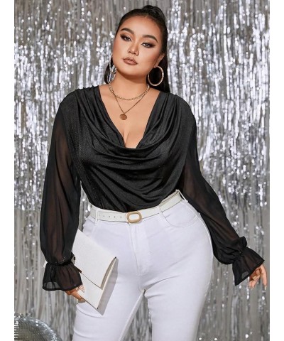 Women's Contrast Mesh Ruffle Trim Plus Size Deep V Neck Puff Long Sleeve Casual Bodysuits Black $19.37 Bodysuits