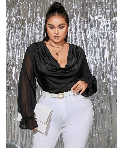 Women's Contrast Mesh Ruffle Trim Plus Size Deep V Neck Puff Long Sleeve Casual Bodysuits Black $19.37 Bodysuits