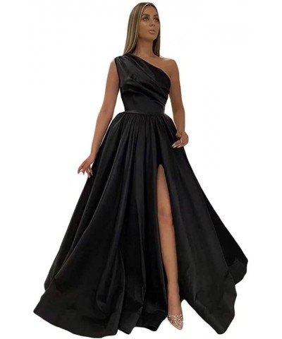 One Shoulder Prom Dresses Long 2024 New Satin Ball Gowns Formal Evening Dress with Slit,R13 Black $40.28 Dresses