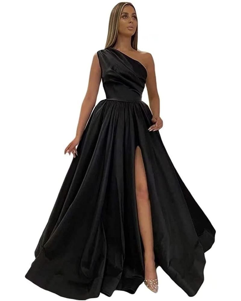 One Shoulder Prom Dresses Long 2024 New Satin Ball Gowns Formal Evening Dress with Slit,R13 Black $40.28 Dresses