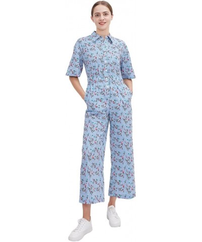 Women's Floral Short Sleeve Button Down Straight Wide Leg Cropped Jumpsuits Rompers with Pockets Blue Striped Flower $35.09 J...