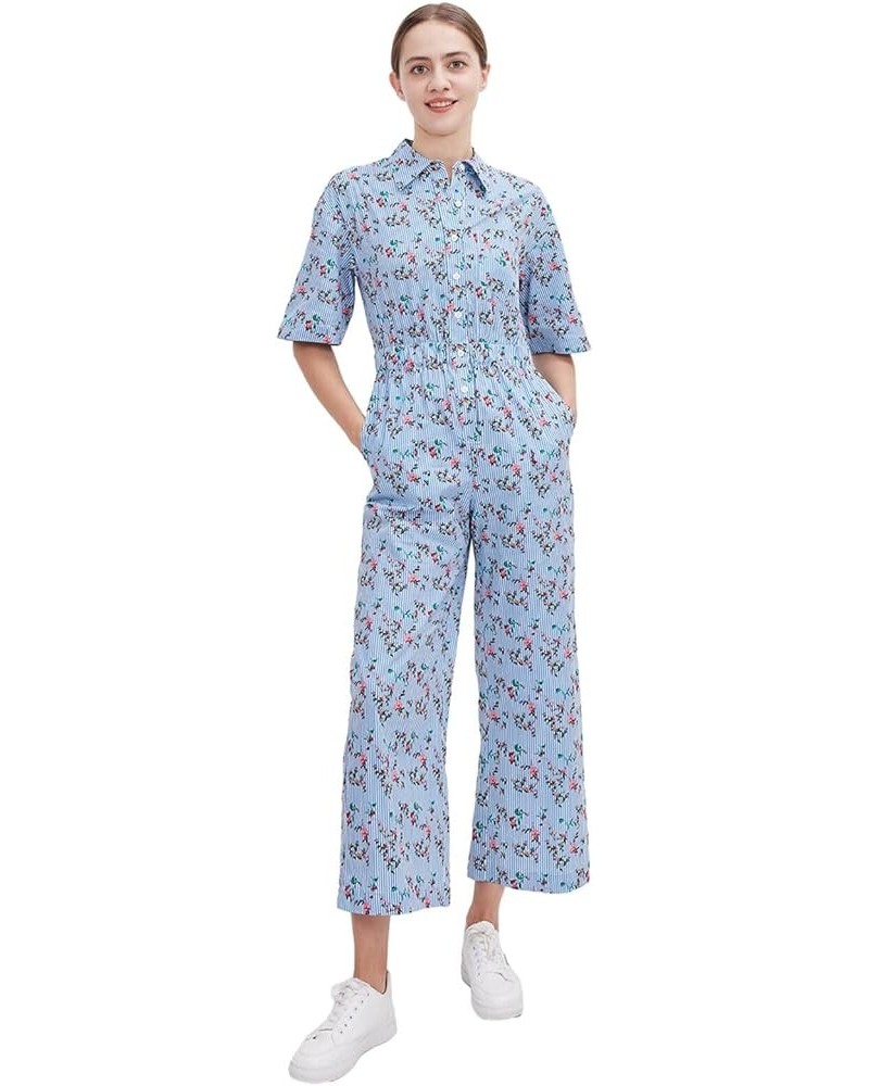 Women's Floral Short Sleeve Button Down Straight Wide Leg Cropped Jumpsuits Rompers with Pockets Blue Striped Flower $35.09 J...