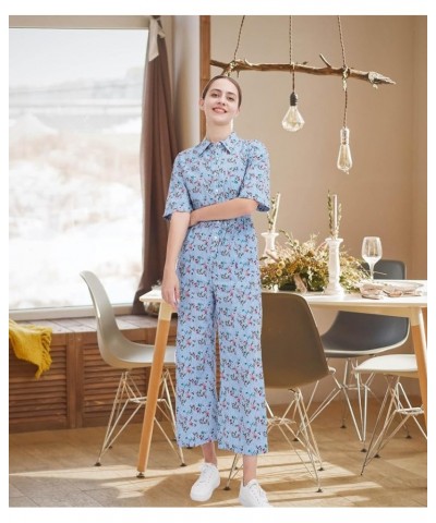 Women's Floral Short Sleeve Button Down Straight Wide Leg Cropped Jumpsuits Rompers with Pockets Blue Striped Flower $35.09 J...