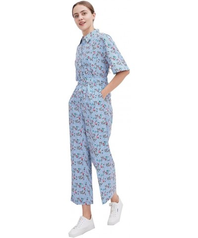 Women's Floral Short Sleeve Button Down Straight Wide Leg Cropped Jumpsuits Rompers with Pockets Blue Striped Flower $35.09 J...