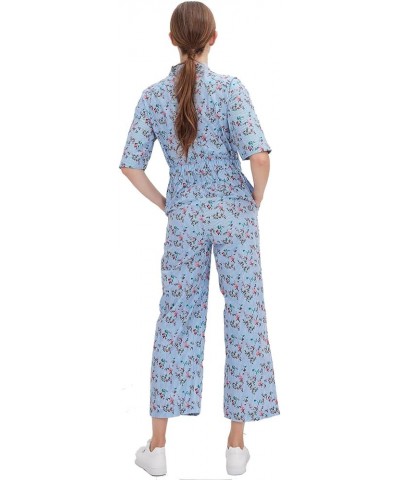 Women's Floral Short Sleeve Button Down Straight Wide Leg Cropped Jumpsuits Rompers with Pockets Blue Striped Flower $35.09 J...