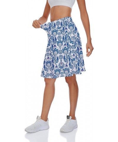 Long Tennis Skirted Leggings with Pockets for Women Golf Knee Length Leggings with Skirt Skorts Print Blue $13.24 Skirts