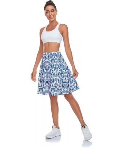 Long Tennis Skirted Leggings with Pockets for Women Golf Knee Length Leggings with Skirt Skorts Print Blue $13.24 Skirts