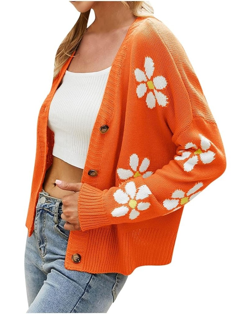 Women’s Sweater Long Sleeve Cute Daisy Print Short Fall Cardigan Button Down Open Front Thin Winter Casual Coats 3 Orange $12...