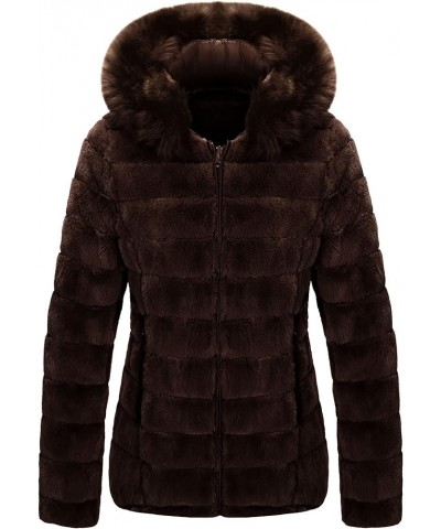 Women Double Sided Faux Fur Jacket Spring and Winter Fashion Reversible Hood Puffer Coat with Fur Collar Brown $44.19 Coats