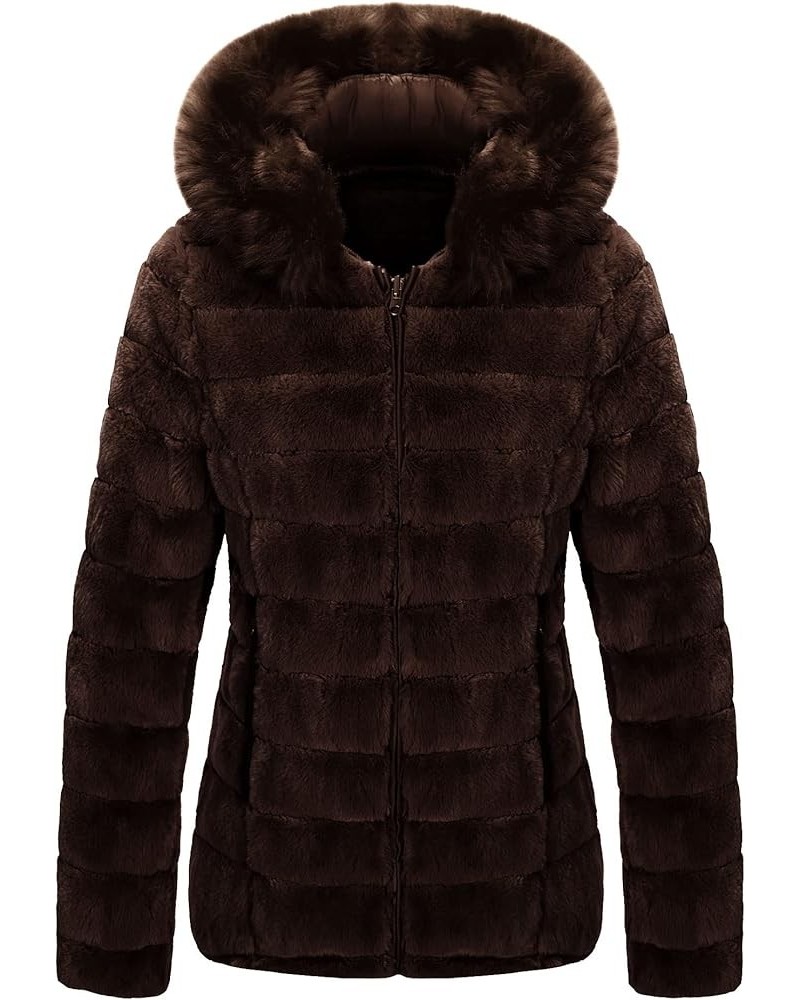 Women Double Sided Faux Fur Jacket Spring and Winter Fashion Reversible Hood Puffer Coat with Fur Collar Brown $44.19 Coats