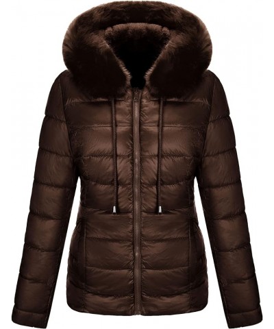 Women Double Sided Faux Fur Jacket Spring and Winter Fashion Reversible Hood Puffer Coat with Fur Collar Brown $44.19 Coats