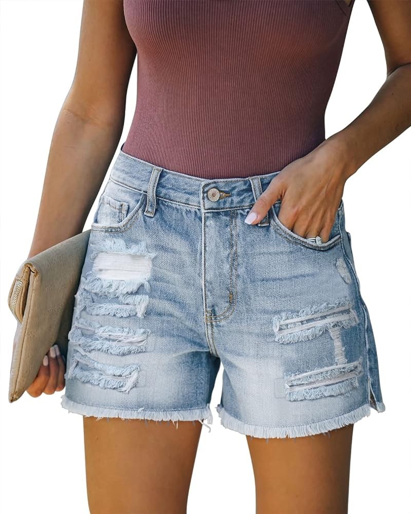 Women's Ripped Mid Waisted Denim Shorts with Pockets S-light Blue $17.02 Shorts