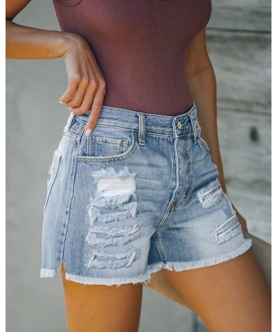 Women's Ripped Mid Waisted Denim Shorts with Pockets S-light Blue $17.02 Shorts