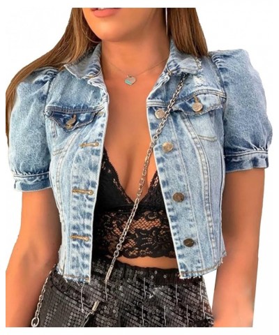 Women's Cropped Jean Jacket Puff Short Sleeve Button Down Denim Coat Crop Top Outerwear B-light Blue $18.24 Jackets