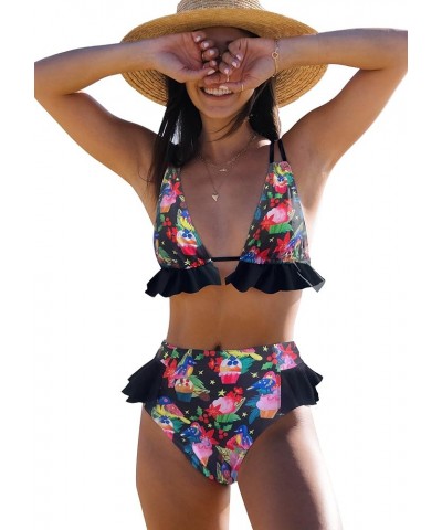 Women High Waisted Swimsuit Ruffle V Neck Bikini Two Pieces Swimwear Cute Bird/Black $15.20 Swimsuits