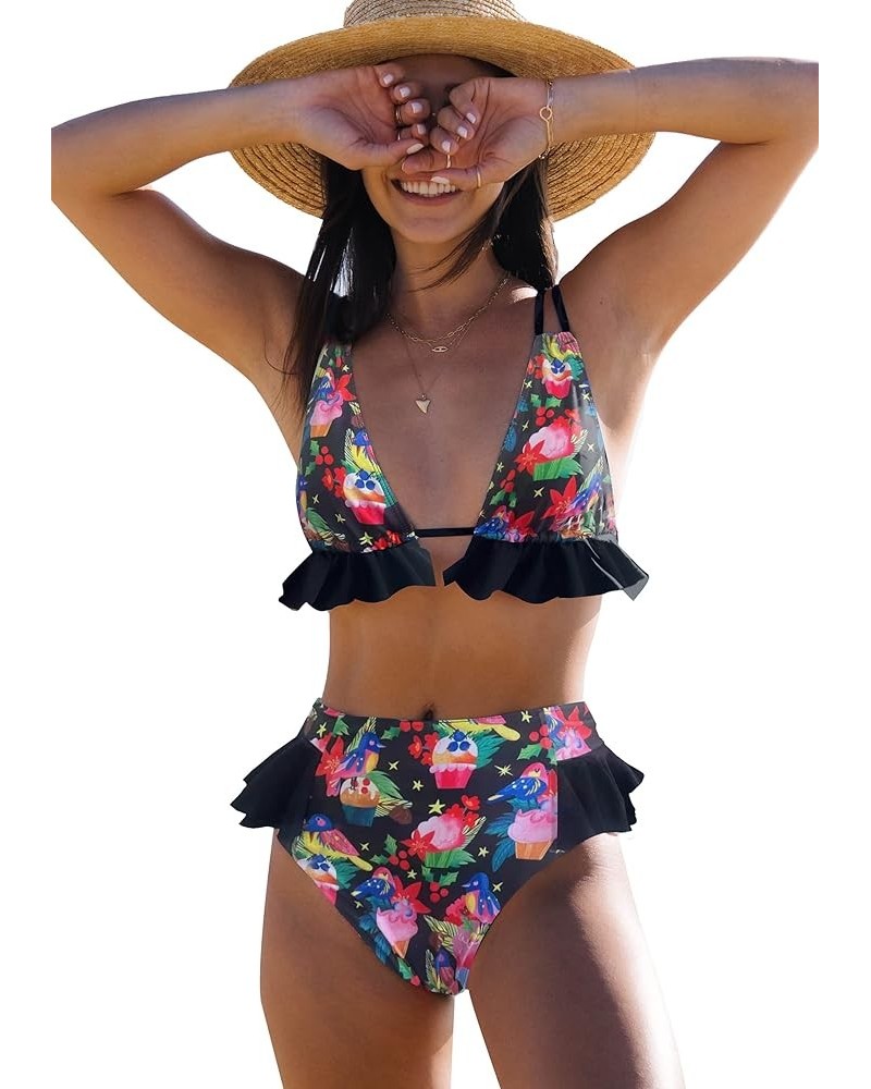 Women High Waisted Swimsuit Ruffle V Neck Bikini Two Pieces Swimwear Cute Bird/Black $15.20 Swimsuits