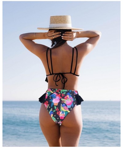 Women High Waisted Swimsuit Ruffle V Neck Bikini Two Pieces Swimwear Cute Bird/Black $15.20 Swimsuits