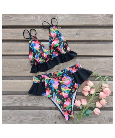 Women High Waisted Swimsuit Ruffle V Neck Bikini Two Pieces Swimwear Cute Bird/Black $15.20 Swimsuits