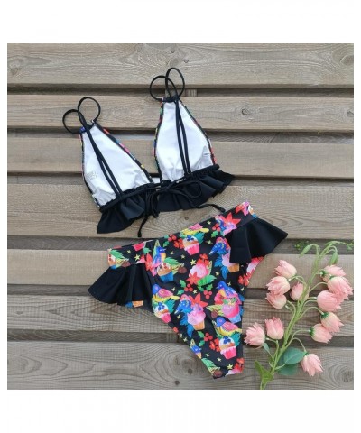 Women High Waisted Swimsuit Ruffle V Neck Bikini Two Pieces Swimwear Cute Bird/Black $15.20 Swimsuits