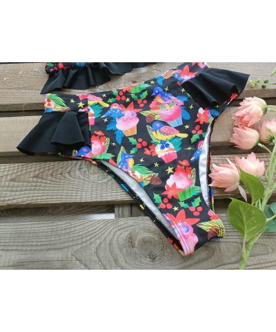 Women High Waisted Swimsuit Ruffle V Neck Bikini Two Pieces Swimwear Cute Bird/Black $15.20 Swimsuits