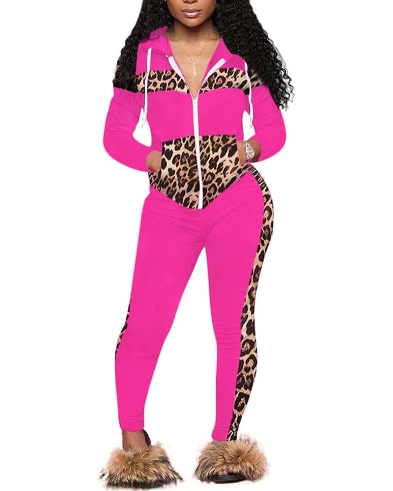 Women's 2 Piece Outfits Sweatsuits Zip-up Hoodie Casual leopard Print Patchwork Jogger Tracksuit Set with Pockets Rose $18.06...