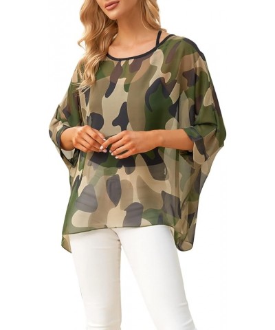 Bohemian Floral Chiffon Blouse Casual Batwing Blouse Hippie Semi Sheer Loose Tops Green $11.39 Blouses