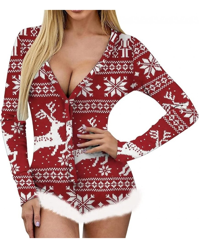 Womens Christmas Romper Pajamas One Piece Printed Bodycon Jumpsuit Shorts Sexy One Piece Pjs Overall Z Furry Snow Red $9.17 S...