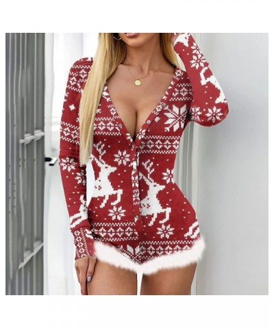 Womens Christmas Romper Pajamas One Piece Printed Bodycon Jumpsuit Shorts Sexy One Piece Pjs Overall Z Furry Snow Red $9.17 S...