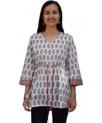 AKSHA Printed Pure Cotton Bell Sleeve,V-Neck Kimono Tunic Top Red Motif $25.19 Tops