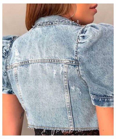 Women's Cropped Jean Jacket Puff Short Sleeve Button Down Denim Coat Crop Top Outerwear B-light Blue $18.24 Jackets