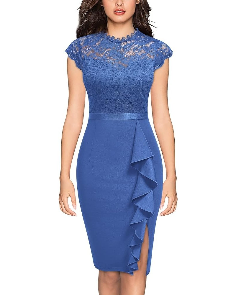 Women's Retro Floral Lace Ruffle Style Cocktail Mini Dress Blue $20.91 Dresses