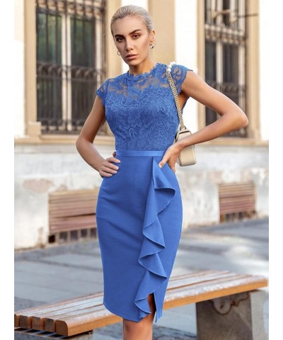 Women's Retro Floral Lace Ruffle Style Cocktail Mini Dress Blue $20.91 Dresses