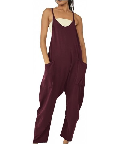 Jumpsuits for Women Casual Summer Sleeveless Rompers Loose Spaghetti Strap Overalls Jumpers with Pockets 2024 Wine $8.62 Over...