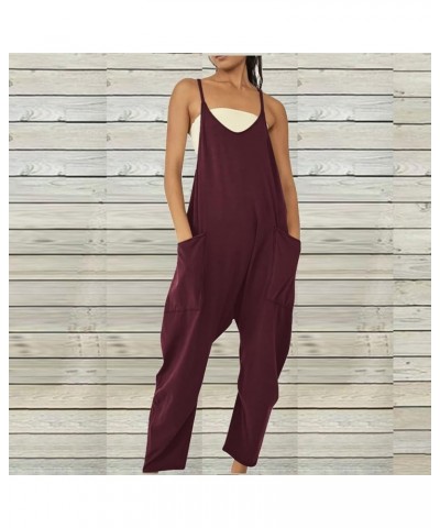 Jumpsuits for Women Casual Summer Sleeveless Rompers Loose Spaghetti Strap Overalls Jumpers with Pockets 2024 Wine $8.62 Over...